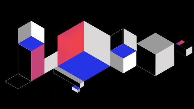 Colorful Isometric Blocks Exploding and Forming Matrix 2D Animation &ndash; Data Fragment, Big Data Processing, and Creative Tech Grid Concept