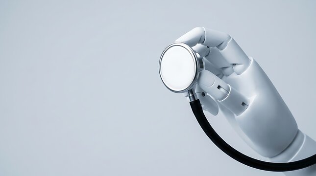 Robotic hand holding a medical stethoscope for digital health and artificial intelligence concept