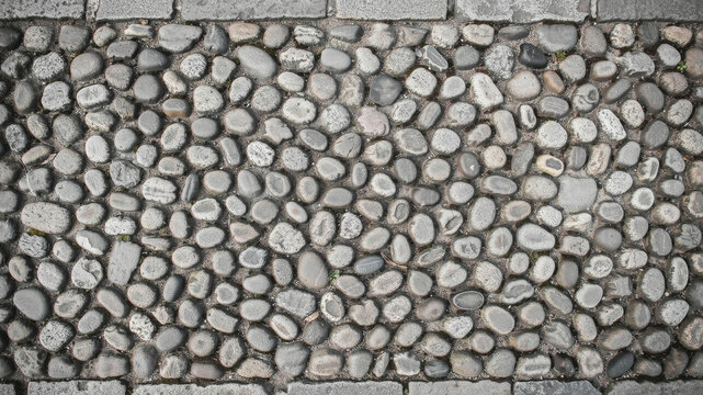 Cobblestone path texture. Top down view of a grey stone walkway for background design.