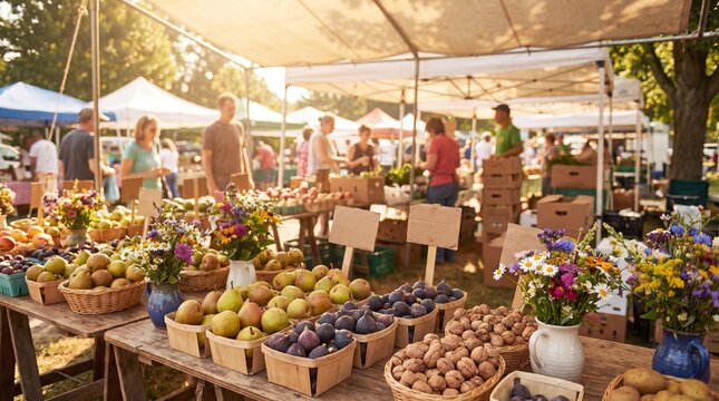 Farmers market week display features pears figs walnuts and blooming flowers in a sunny rural harvest scene, promoting sustainable healthy local food lifestyle