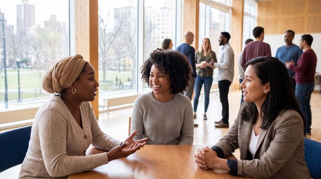 Women's Equality Day women leaders meet in a community space, smiling and supportive