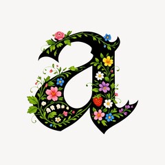 Obraz premium Ornate letter 'a' adorned with colorful flowers and green leaves.