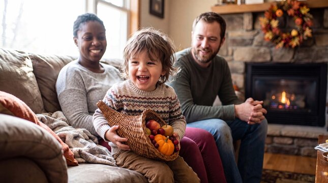 Thanksgiving family holiday autumn celebration features joyful toddler holding cornucopia of gourds on couch with parents for cozy home greeting cards