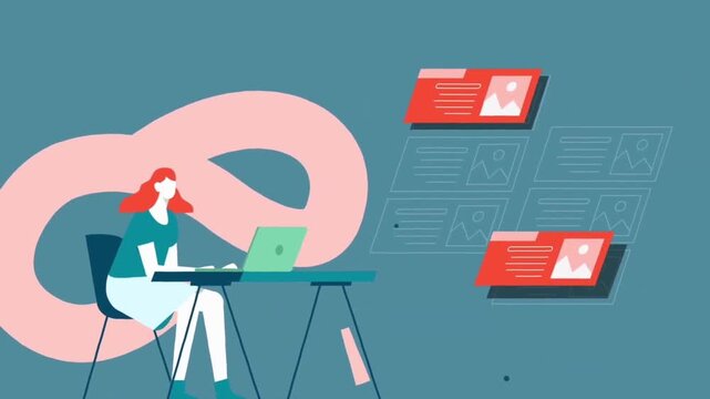 Woman Multitasking at Desk with Floating Document Screens 2D Animation &ndash; Smart Cloud Workflow, Data Processing, and Digital Workspace Concept