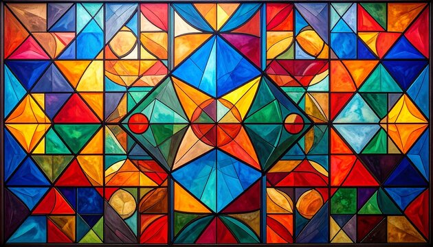 Vibrant geometric mosaic pattern with colorful triangles and circles.