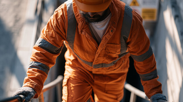 Sewage infrastructure engineer in full protective gear descending a metal ladder into an underground tunnel access point, industrial lighting casting hard shadows on concrete