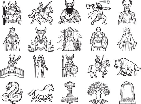 A collection of Norse mythology figures and symbols in a graphic illustration style, featuring Odin, Thor, Freya, Yggdrasil, Mjolnir, and other iconic representations.