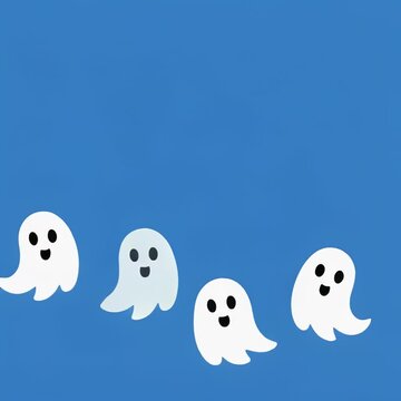 White cartoon ghosts forming a playful procession across a vibrant blue background