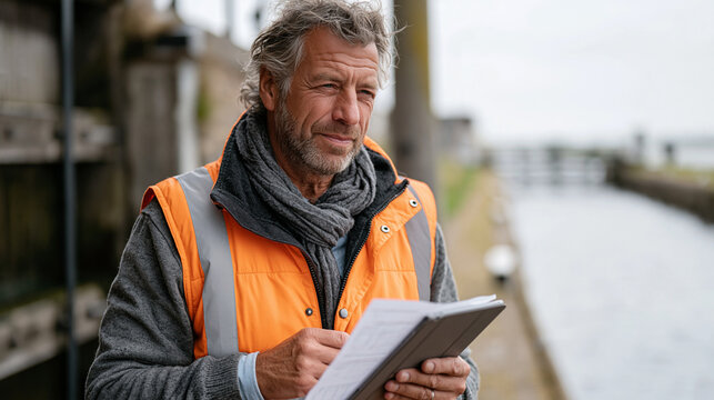 A Dutch hydraulic engineer reviews water table data on a field tablet while standing beside a canal sluice gate in a flat polder landscape, water management infrastructure,