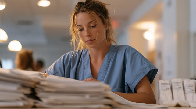 Overworked podiatry clinic assistant reorganizing a patient intake area after a long shift, stacking patient files, compression sock samples on the counter, medical office