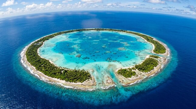 Aerial view of a remote tropical coral atoll with a turquoise lagoon, palm lined shore, reefs, and deep blue ocean, ideal for travel and ecotourism promotion.