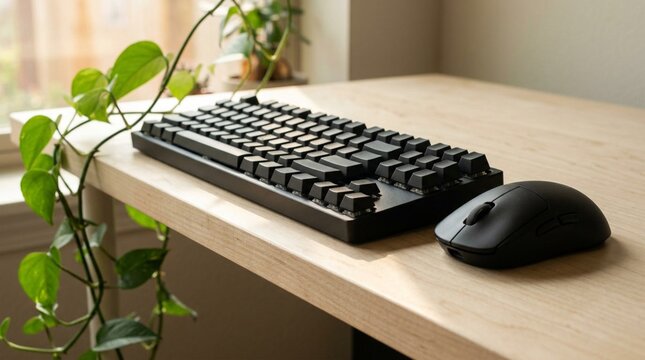 A black mechanical keyboard and wireless mouse sit on a light wood desk beside a trailing houseplant, ideal for promoting minimalist home office productivity.