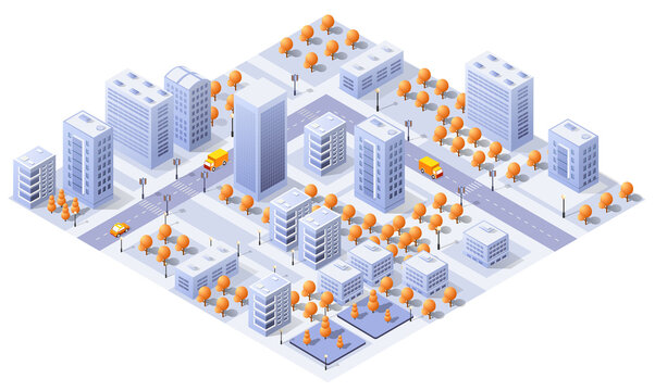 Isometric autumn city map with buildings and cars