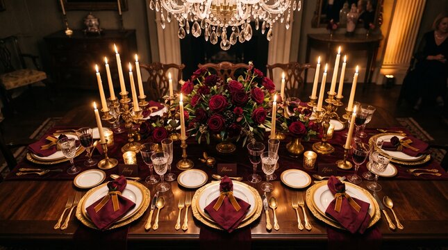 Romantic dinner table with candles and roses