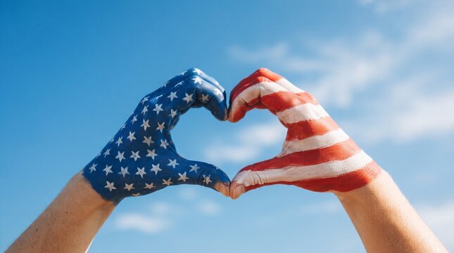 Hands painted like american flag making a heart shape against blue sky