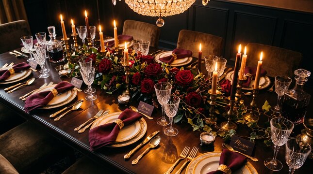 Romantic dinner table with candles and roses