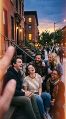 Obraz premium Friends laughing on a city stoop