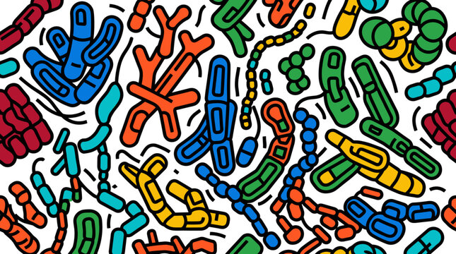 Seamless pattern of colorful cartoon bacteria and microbes