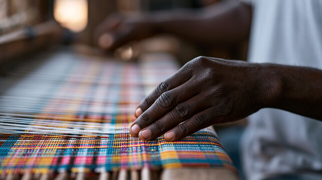 Close-up of a Ghanaian weaving artisan's hands threading a kente loom at a workshop stall, tight finger movements on brightly patterned fabric, traditional textile craft, cultural