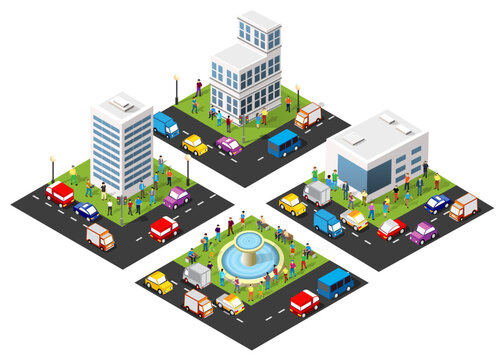 Isometric city block layout with traffic and buildings