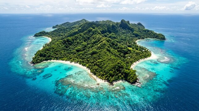 Aerial view of a lush tropical island with white sand beaches, turquoise coral reefs, and deep blue ocean, ideal for luxury travel and eco tourism promotion.
