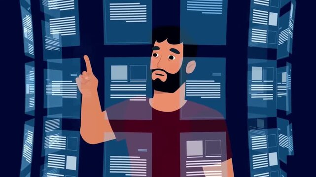 Stressed Technician Standing in Digital Server Data Room 2D Animation &ndash; Cyber Security Crisis, IT System Failure, and Big Data Nightmare Concept