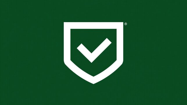 A white shield icon with a checkmark inside is displayed against a dark green background.