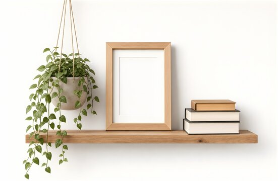 Shelf with picture frames and potted plant in front of an empty, neutral white wall.