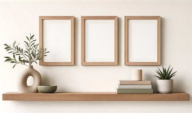3 shelves with picture frames and potted plant in front of an empty, neutral white wall.