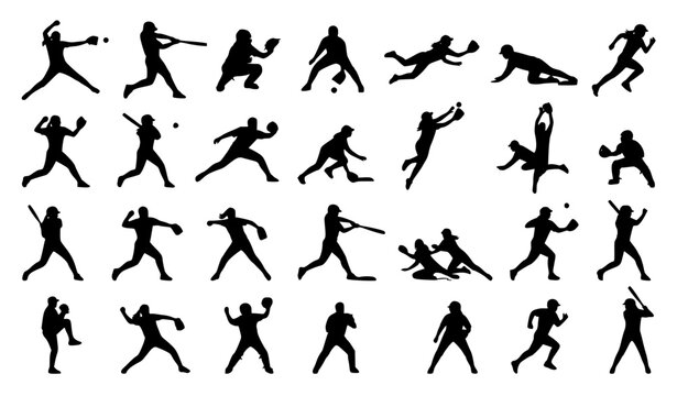 Softball Player Silhouettes Vector Set with Batting Pitching Catching Running and Fielding Actions