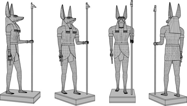 High-contrast isometric 3D model icon of the mythological Egyptian deity Anubis holding a ceremonial scepter and ankh symbol isolated on a white background