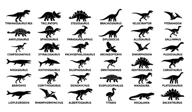 Extinct Dinosaur and Prehistoric Animal Silhouette Pack with Jurassic Marine and Flying Reptiles
