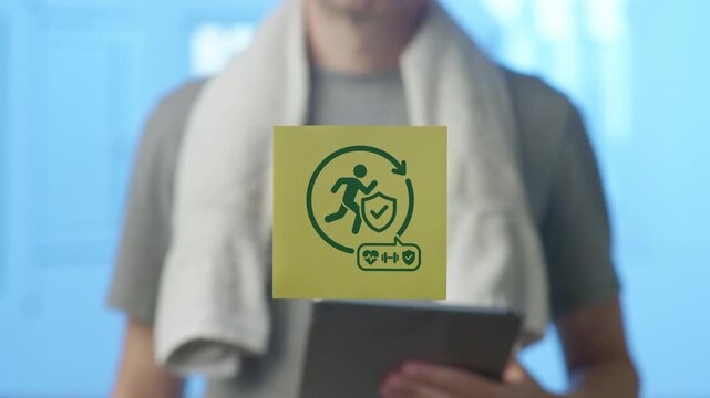 Sporty man with a towel around his neck holding a tablet and attaching a sticky note to a glass wall, promoting an active and healthy lifestyle as a form of prevention and well being