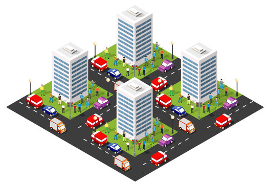 Isometric city street showing urban transportation and crowd