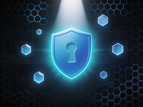 Blue shield with keyhole and hexagons