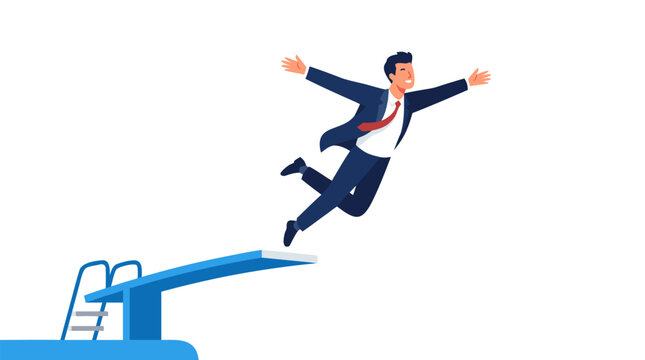 Dynamic Vector Illustration of Confident Businessman in Navy Suit Leaping High Off Blue Springboard Diving Board With Arms Outstretched Flying Toward Bright Sky, Symbolizing Corporate Success