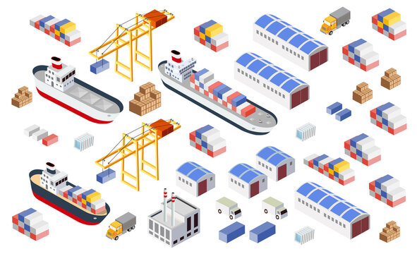 Global logistics and shipping supply chain isometric elements
