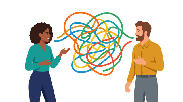 Corporate Office Communication Breakdown: Two Business Colleagues Facing Each Other with Tangled Colorful Speech Lines Representing Workplace Misunderstanding and Professional Confusion