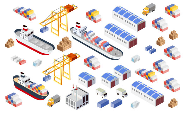 Global logistics and shipping supply chain isometric elements