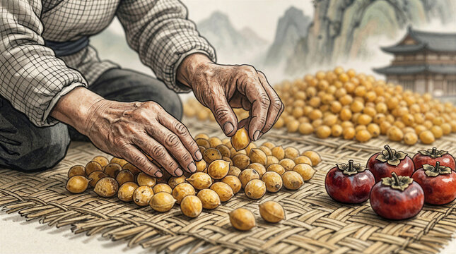 Hands Sorting Ginkgo Nuts on Woven Bamboo Tray with Persimmons in Traditional Autumn Harvest Illustration