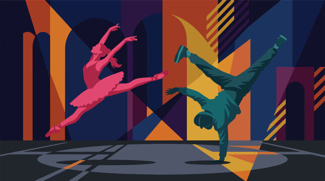 Ballet dancer and hip hop breakdancer vector illustration. Modern versus classical dance performance concept. Dynamic colorful background.