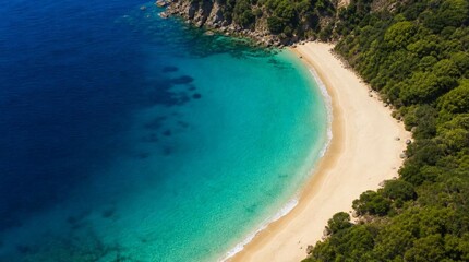 Obraz premium Aerial view of a secluded crescent beach with turquoise water, golden sand, rocky headlands and dense green forest, ideal for luxury travel or nature tourism promotion.