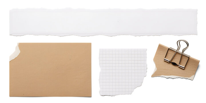 Torn Paper Pieces and Binder Clip on White isolated on a transparent background paper scraps 1