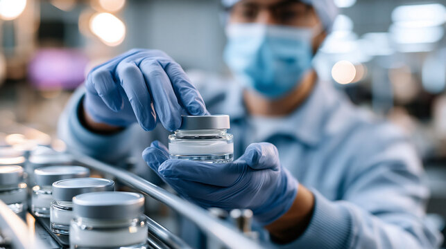 Close up of the gloved hands of a pharmaceutical technologist working with healthcare cream products at a bright cosmetics factory jars on a clean line pharmaceutical