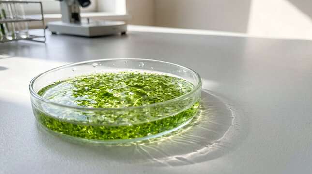 Macro close-up of a sterile glass petri dish with vibrant green microalgae culture on a clean laboratory bench with copy space, concept of biotechnology and sustainable carbon capture.