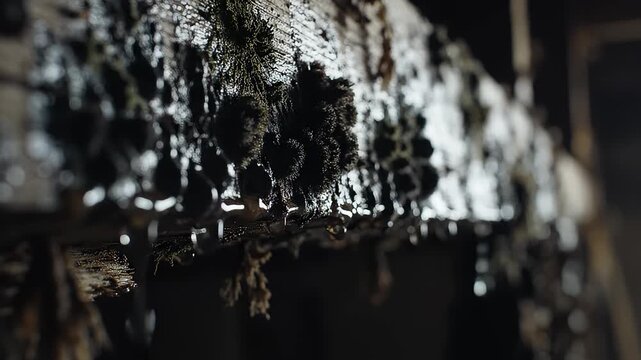 Water droplets dripping from moss covered old timber, slow motion macro shot in dark moody forest atmosphere.