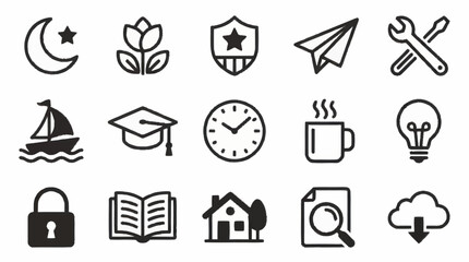Collection of sixteen black and white icons for various themes. © Kiki