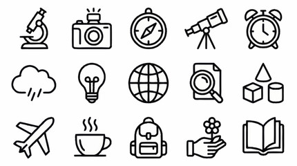 Collection of black and white line icons for various themes. © Kiki