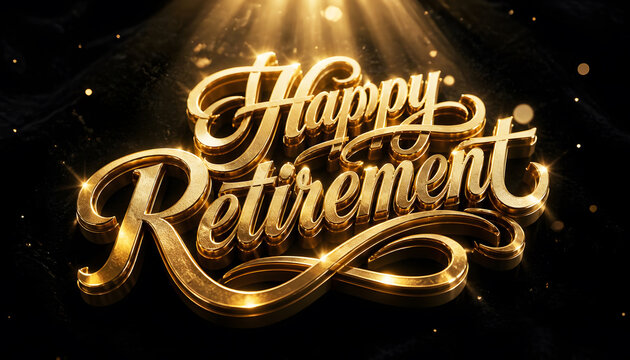 Happy retirement celebration with golden sparkle text. Senior milestone event banner for farewell party with elegant script typography.