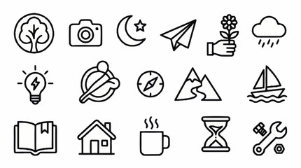 Minimalist black line icons set for various themes. © Kiki
